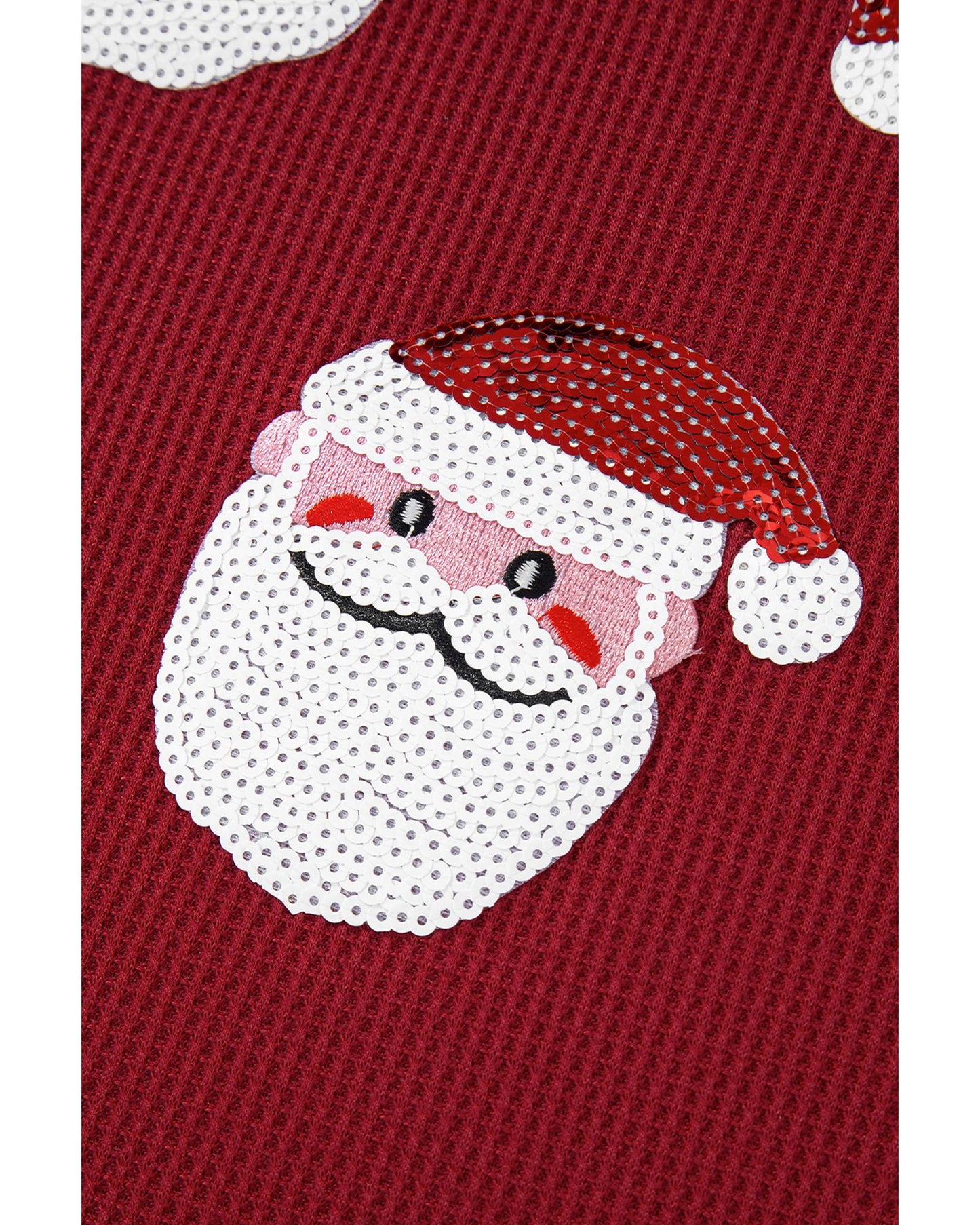 Red Sequin Santa Claus Graphic Textured Long Sleeve Top - L
