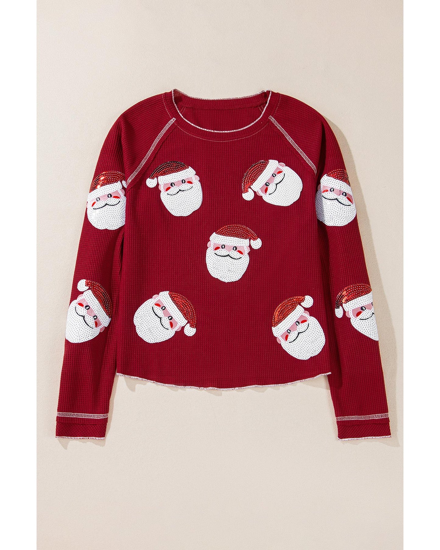 Red Sequin Santa Claus Graphic Textured Long Sleeve Top - M
