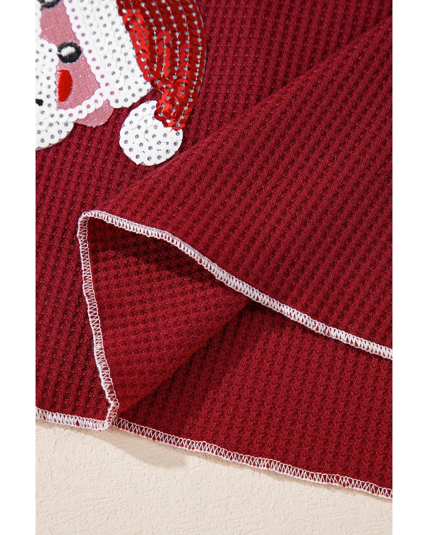 Red Sequin Santa Claus Graphic Textured Long Sleeve Top - S