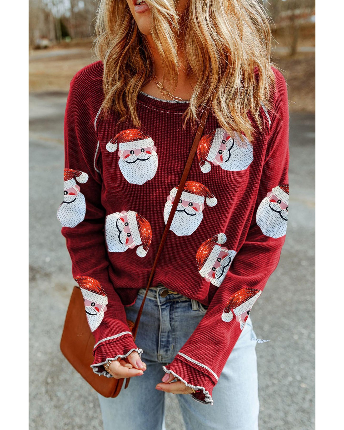 Red Sequin Santa Claus Graphic Textured Long Sleeve Top - S
