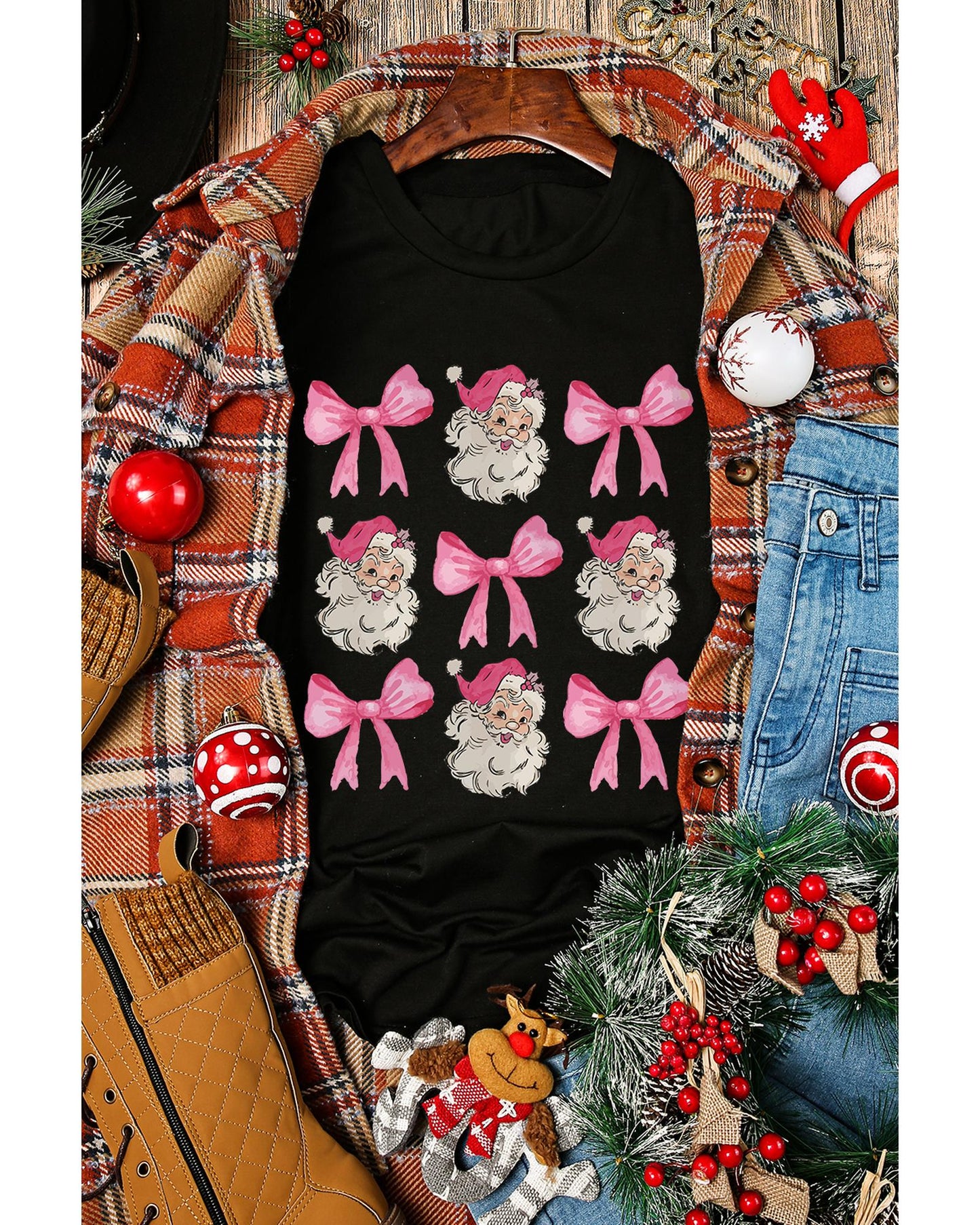 Black Santa Claus Bow Knot Christmas Graphic T Shirt - XL