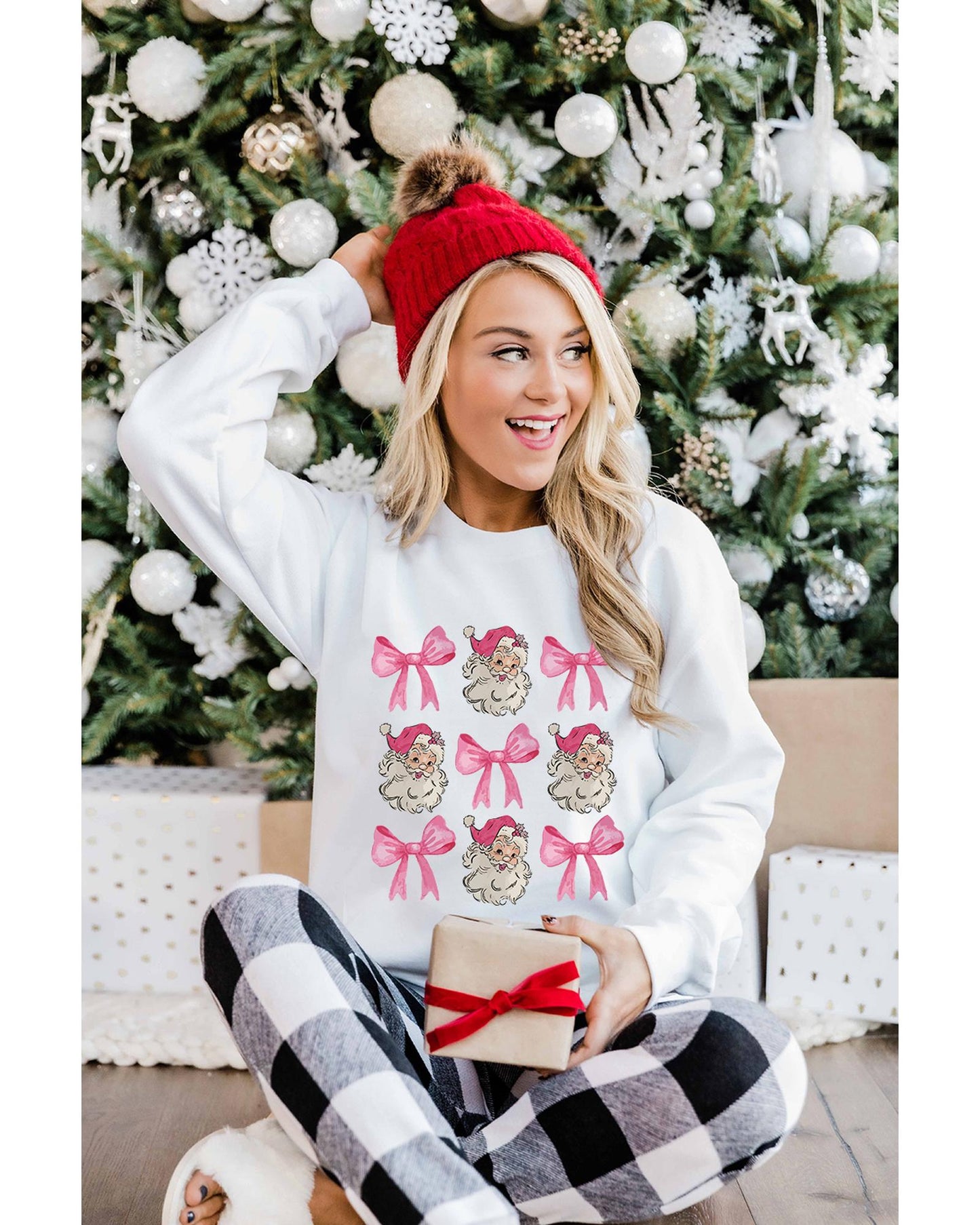 Beige Santa Claus Bowknot Pattern Christmas Sweatshirt - 2XL