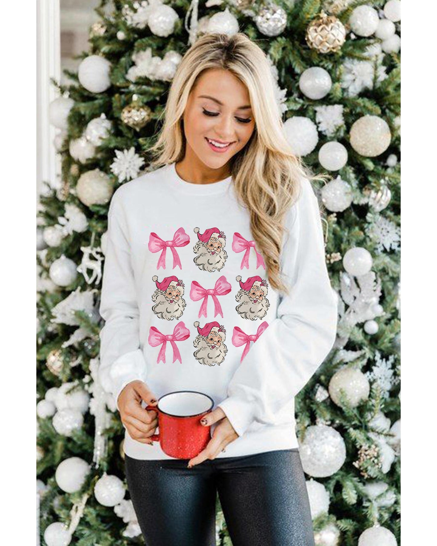 Beige Santa Claus Bowknot Pattern Christmas Sweatshirt - M