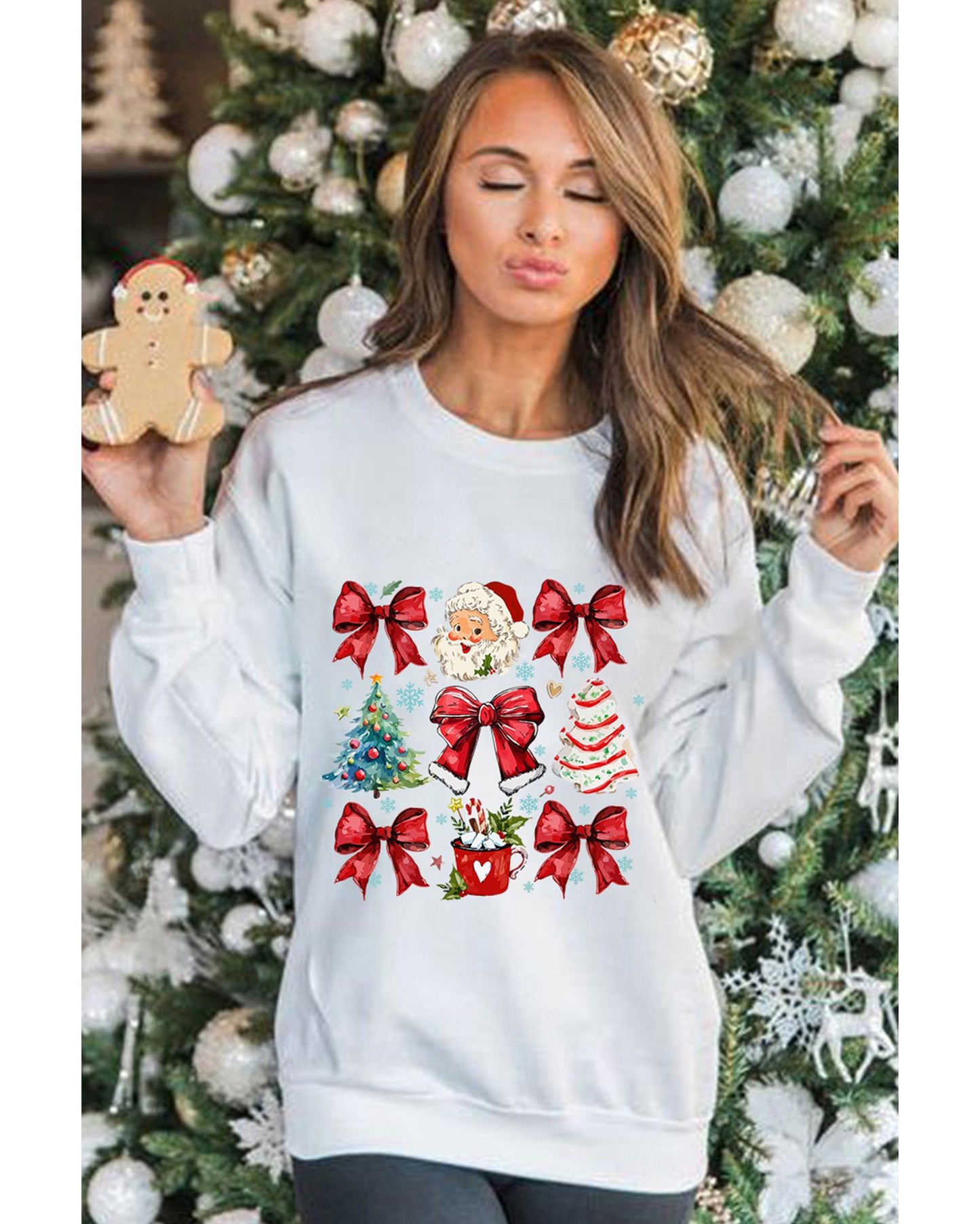Beige Christmas Tree Bowknot Santa Clause Graphic Holiday Sweatshirt - L