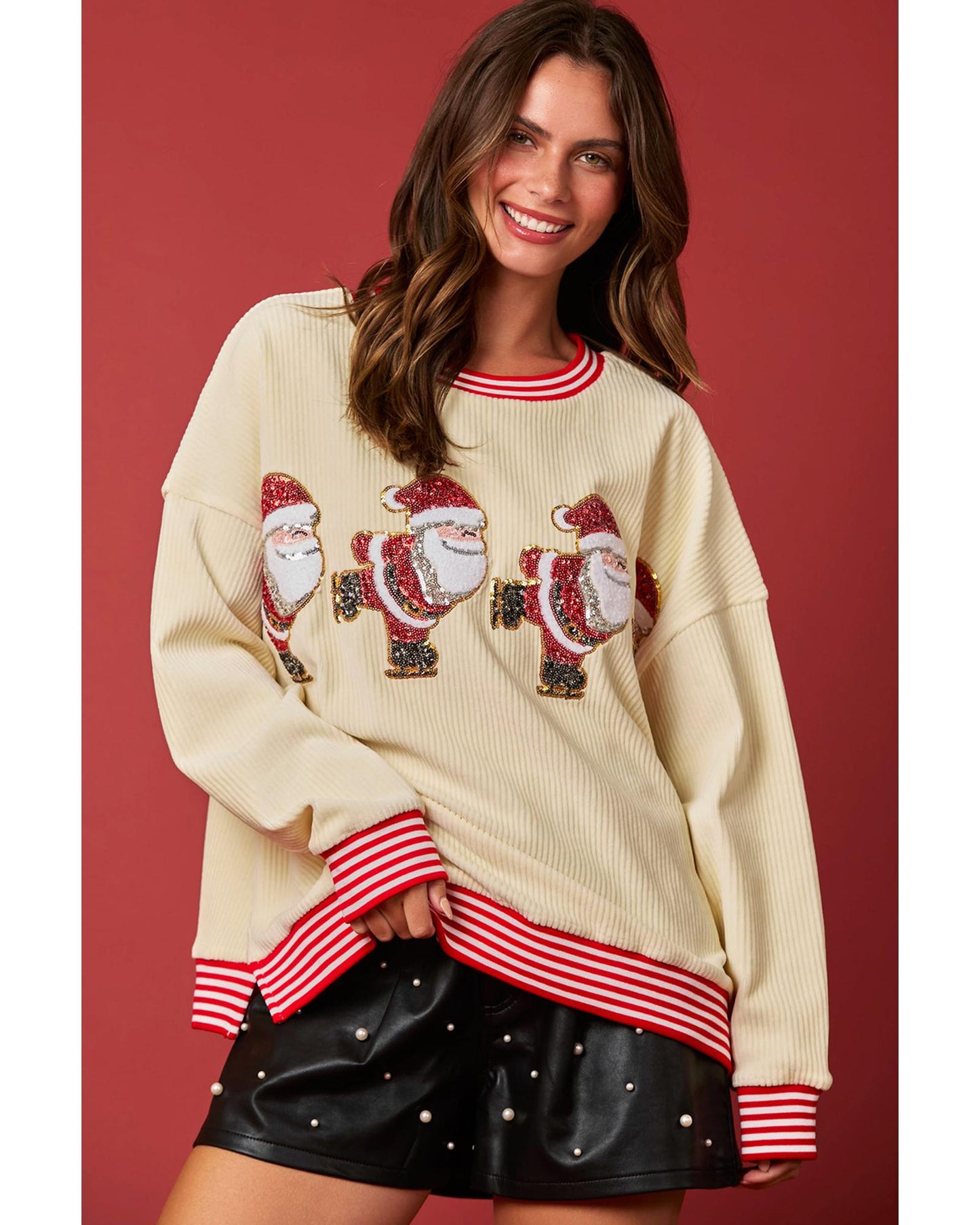 Beige Santa Skiing Graphic Striped Trim Corded Sweatshirt - L