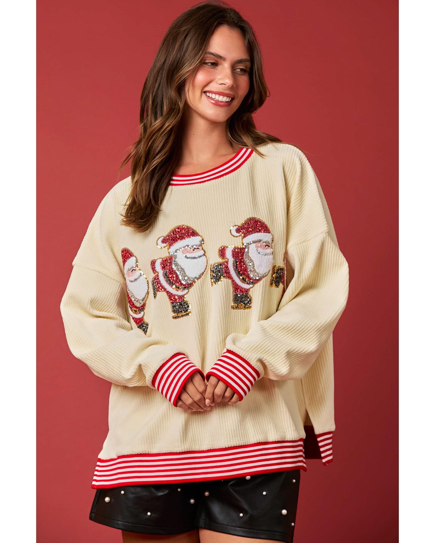Beige Santa Skiing Graphic Striped Trim Corded Sweatshirt - L