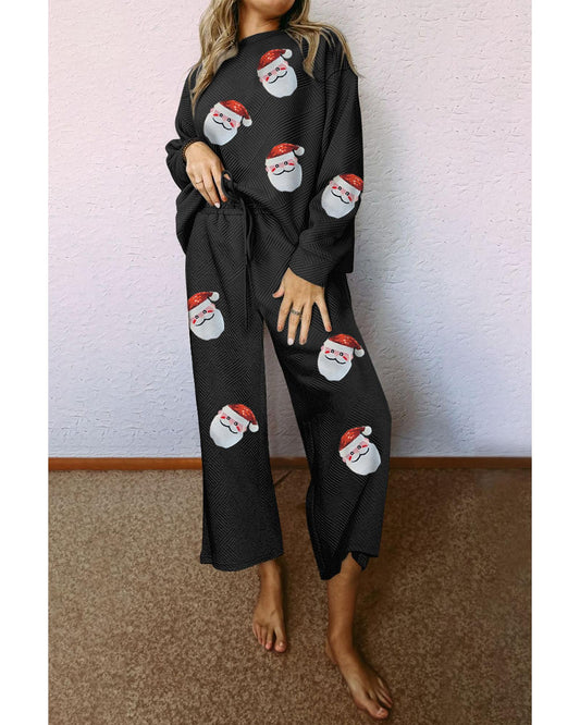 Black Christmas Sequined Santa Clause Print Textured Pants Set - L