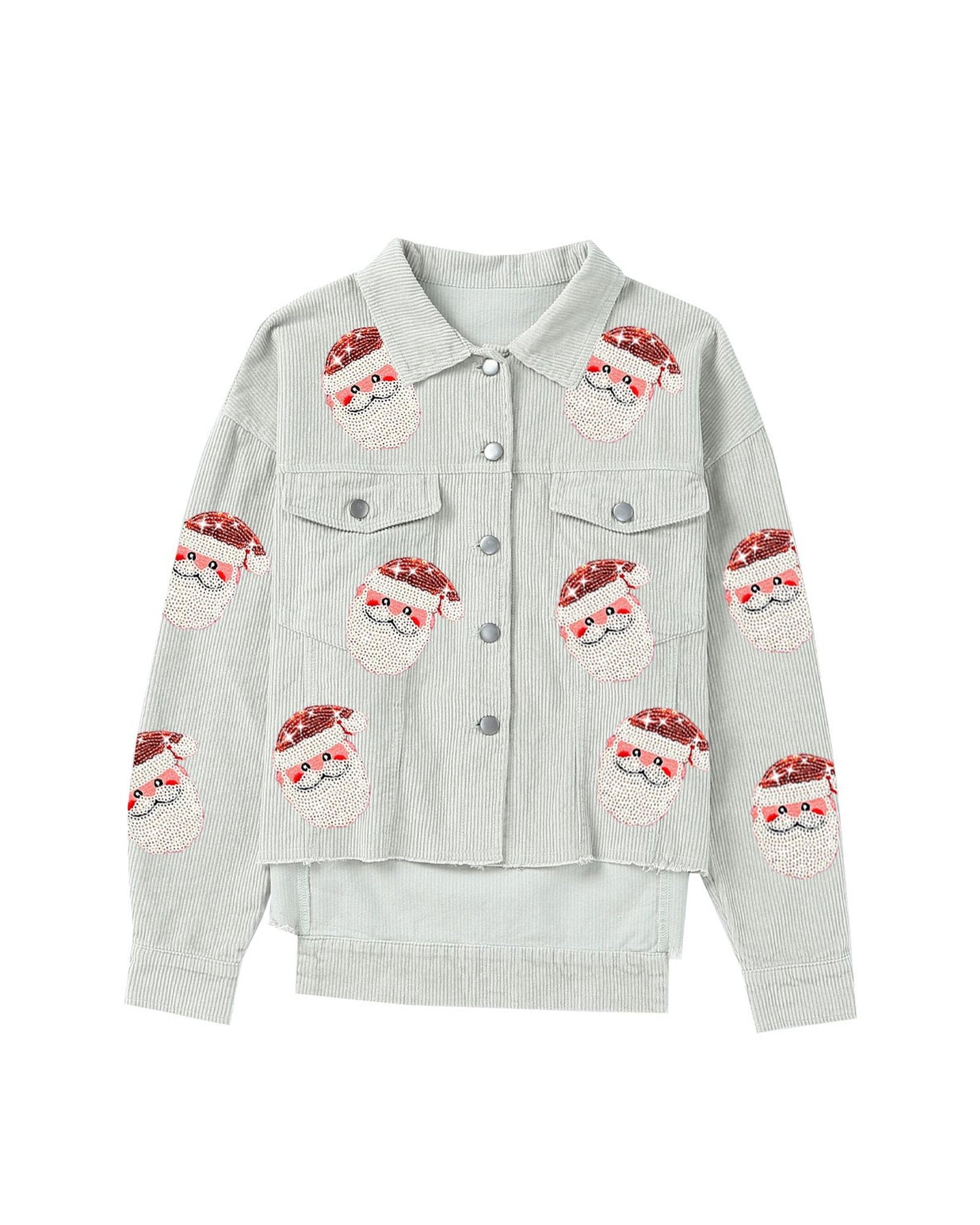 Sky Blue Sequined Santa Claus Flap Pocket Corduroy Jacket - L