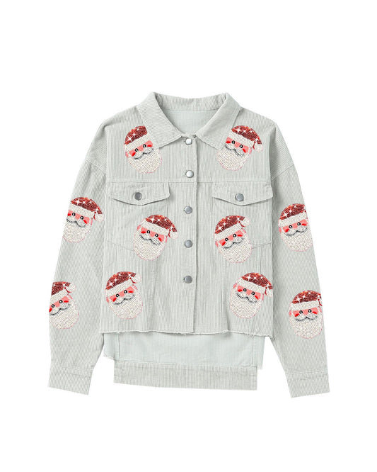 Sky Blue Sequined Santa Claus Flap Pocket Corduroy Jacket - L
