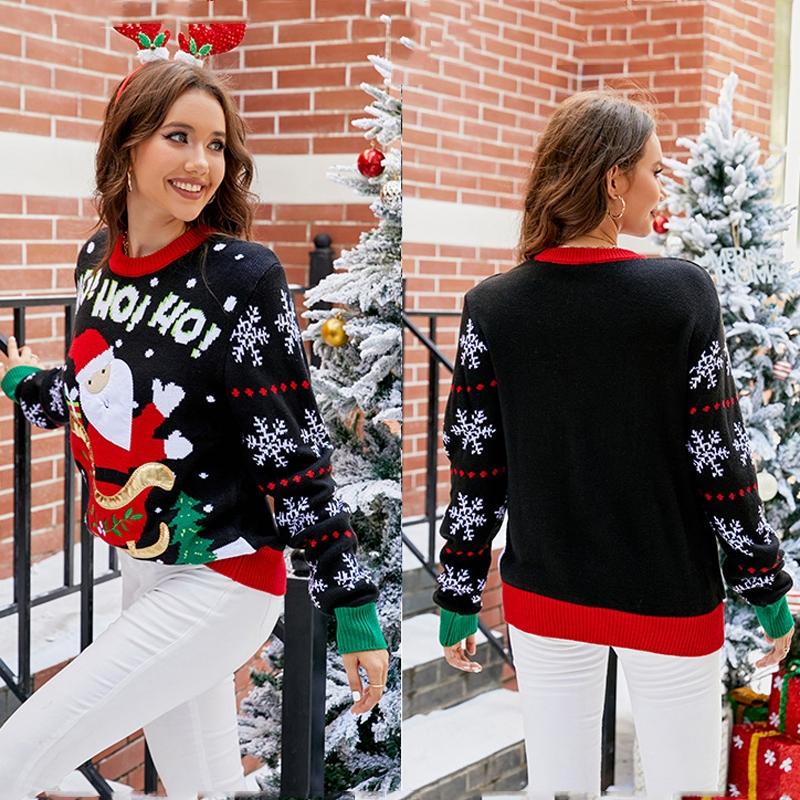 Women Santa Sweater Sweet Embroidery Pullover Knit Sweater - Black - Xl