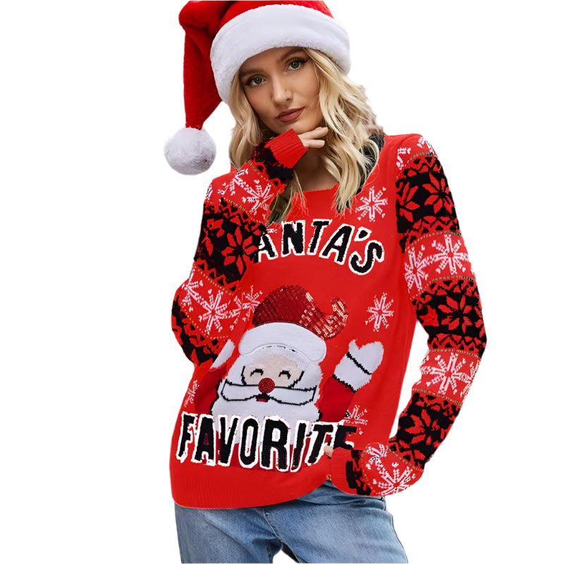 Christmas Women Pullover Sweater Santa Claus Embroidery Crew Neck Knit Sweater - Black - M