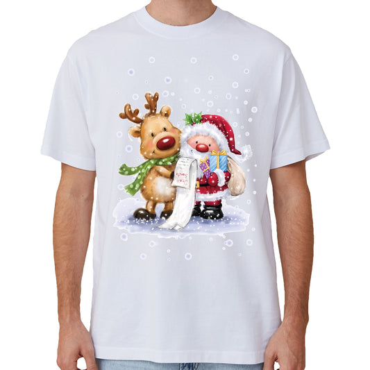 100% Cotton Christmas T-shirt Adult Unisex Tee Tops Funny Santa Party Custume, Reading Santa (White), 3XL