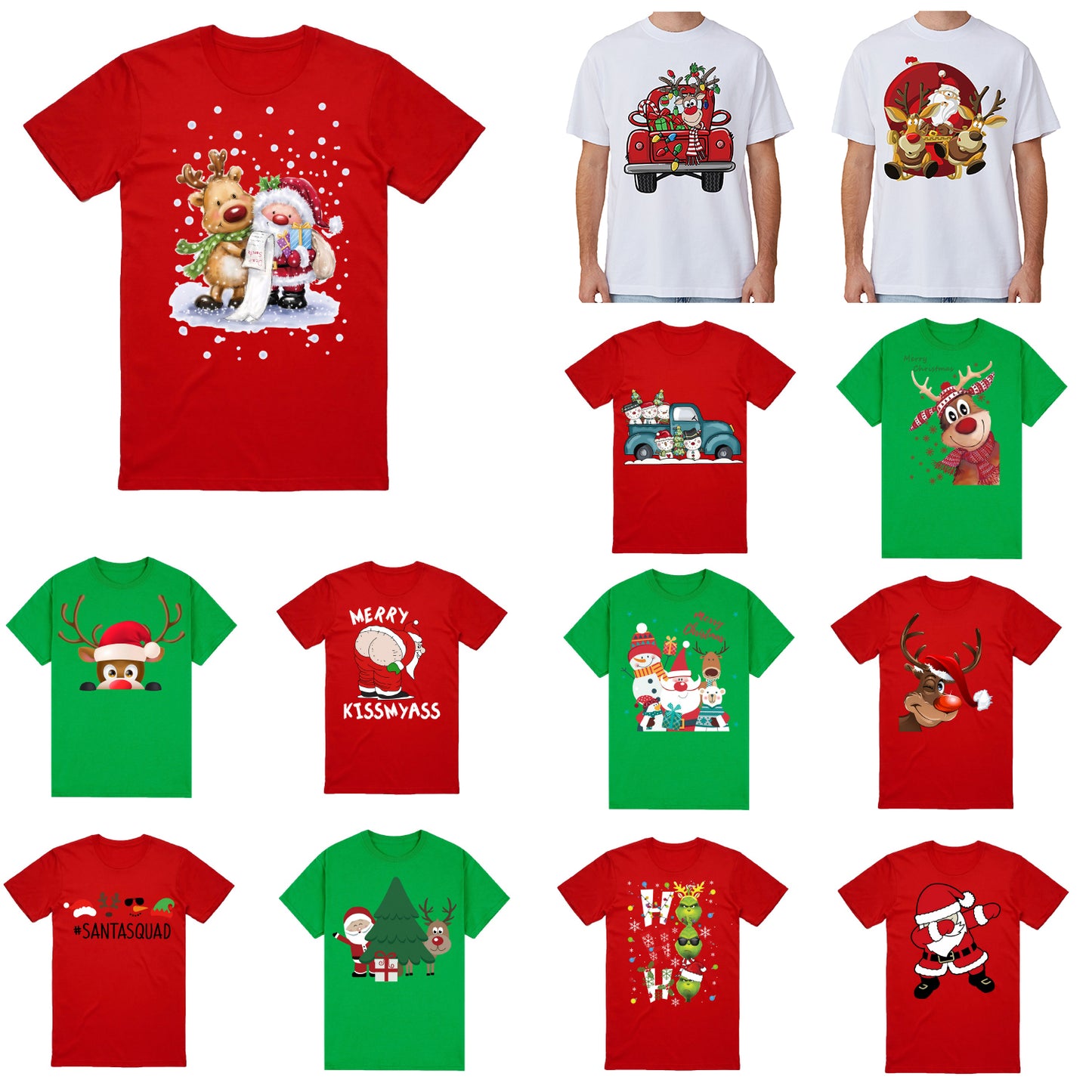 100% Cotton Christmas T-shirt Adult Unisex Tee Tops Funny Santa Party Custume, Car with Reindeer (White), L