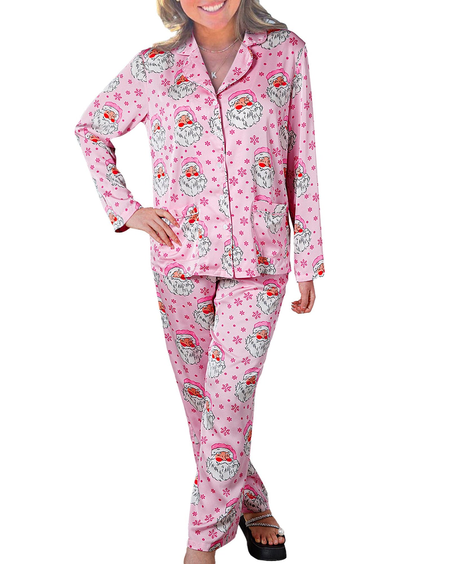 Pink Santa Claus Snowflake Long Sleeve Shirt Christmas Pajama Set - L