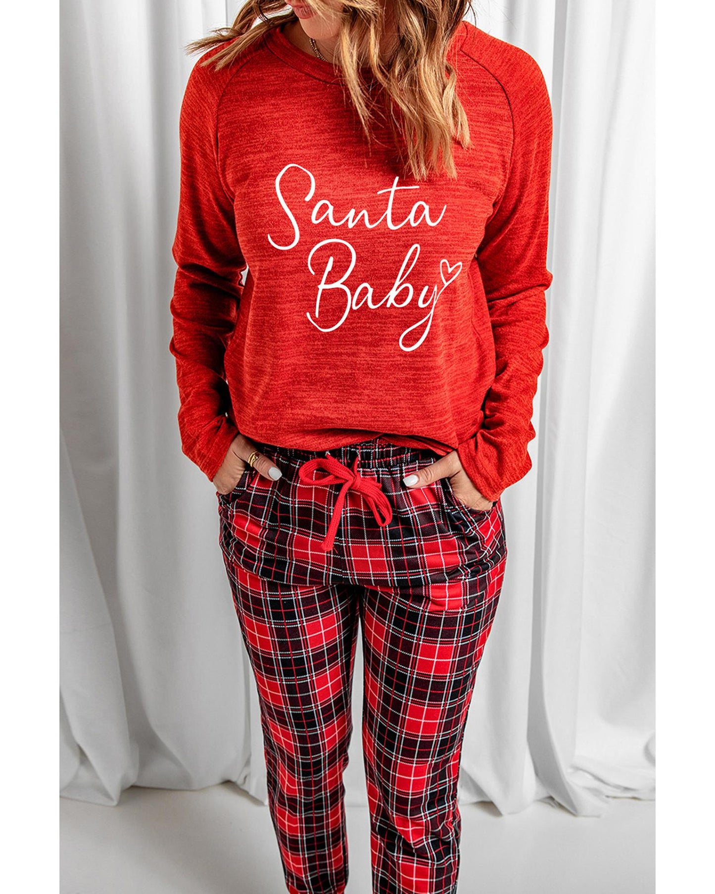 Red Santa Baby Plaid Print Two Piece Pajama Set - L
