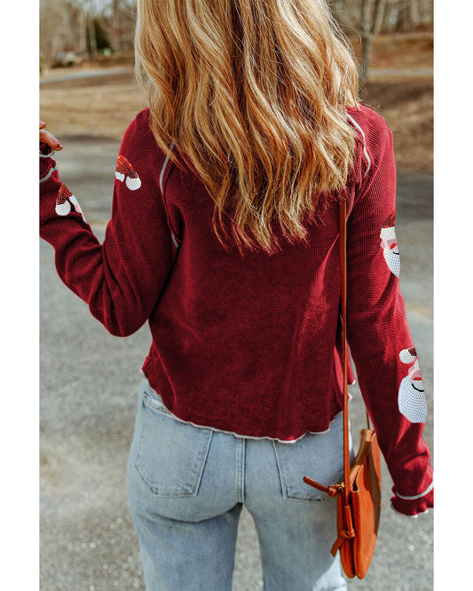 Red Sequin Santa Claus Graphic Textured Long Sleeve Top - XL