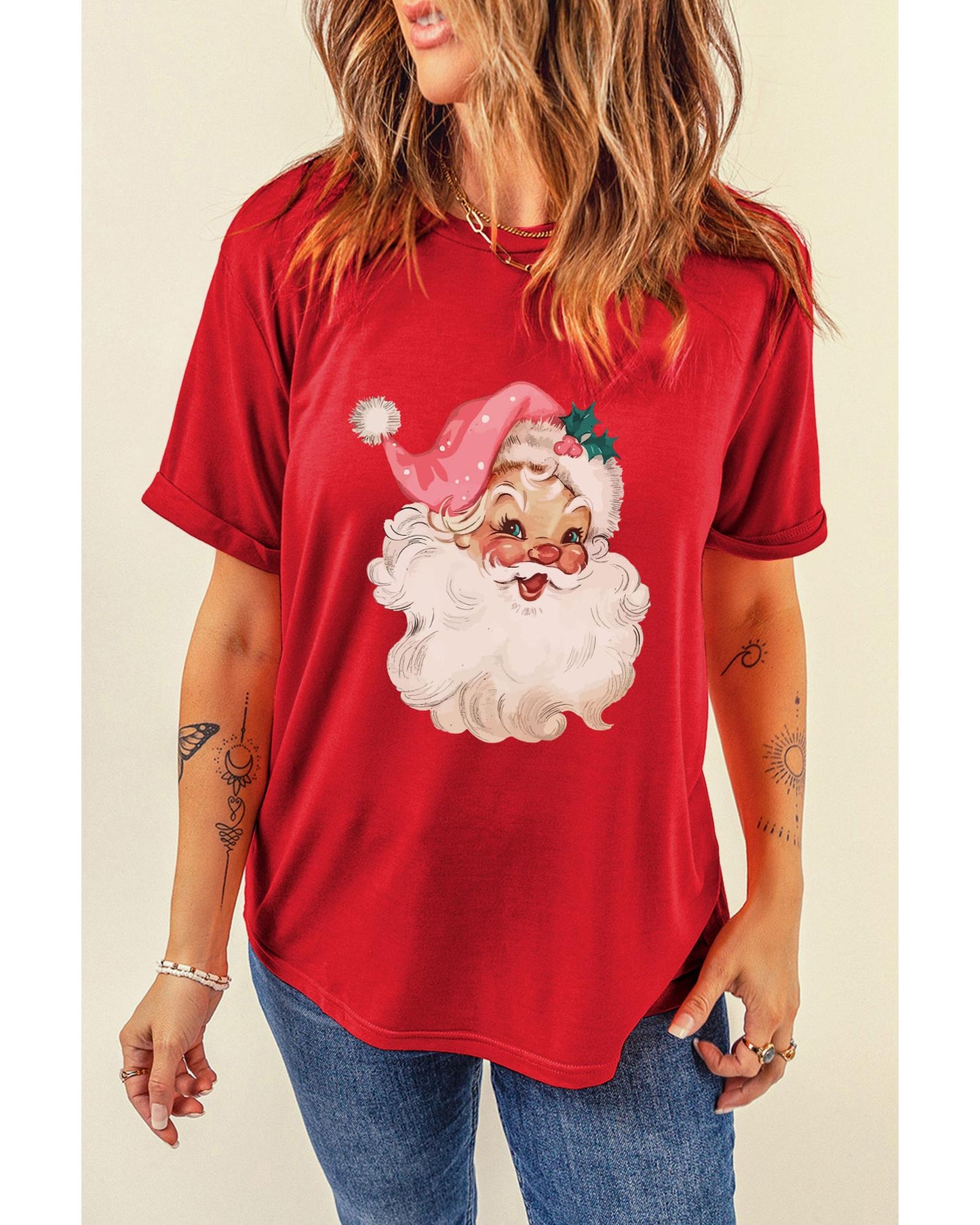 Red Christmas Santa Claus Print Crew Neck T Shirt - M