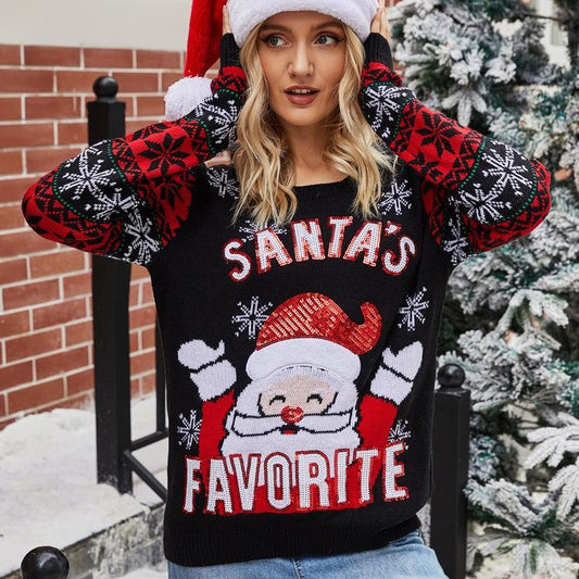 Christmas Women Pullover Sweater Santa Claus Embroidery Crew Neck Knit Sweater - Black - Xl